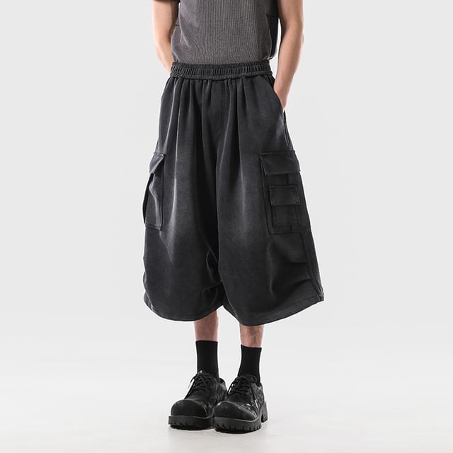 VEAZ-Elastic Waist Washed Cargo Shorts
