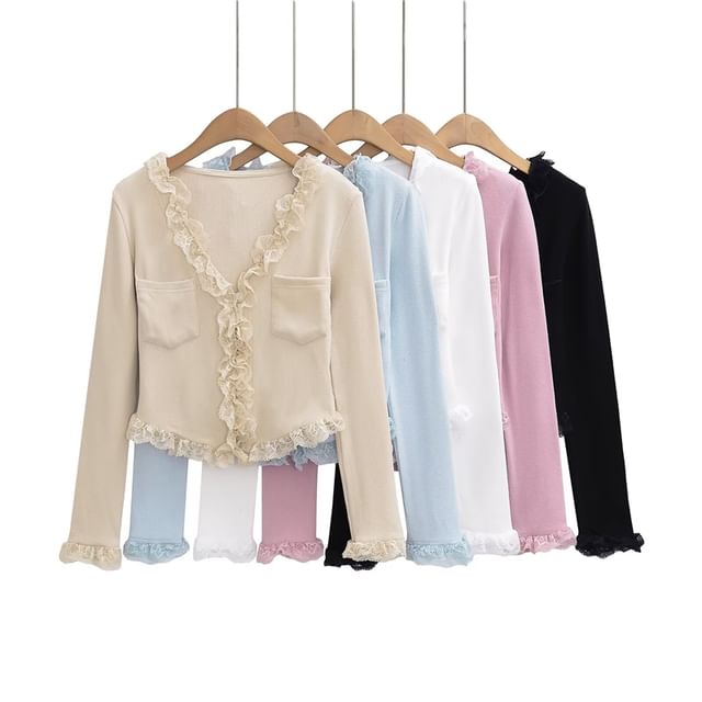 Ulark-Long Sleeve V-Neck Plain Ruffle Panel Lace Top