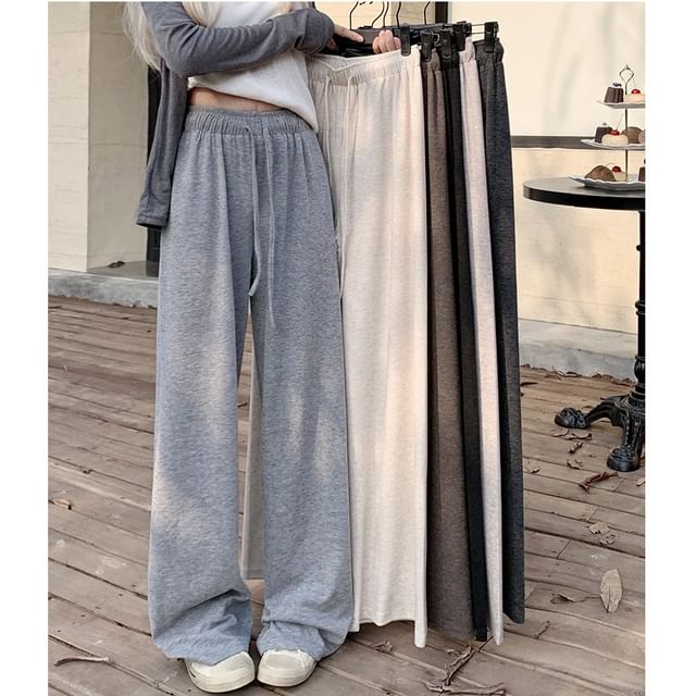 Duwnie-Drawstring Waist Plain Baggy Pants