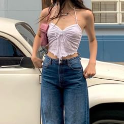 Long-Sleeve V-Neck Tie Dye Cutout Tie Side Sheer Bodysuit Top