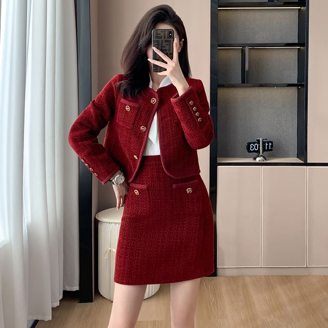 ● I AM MARI ● [SET] Misholin Tweed Blouse Jacket Skirt DHgate.com:Elegant Womens 3-Piece Tweed Suit Set: Autumn