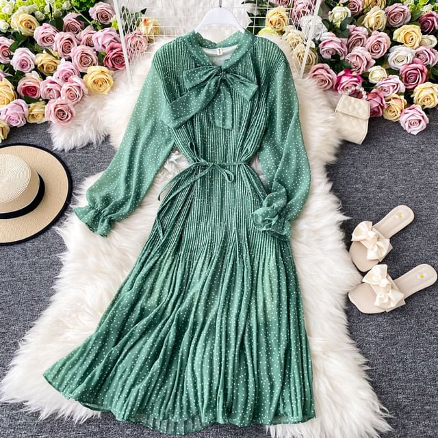 Long-Sleeve Pleated Midi Dress | YesStyle