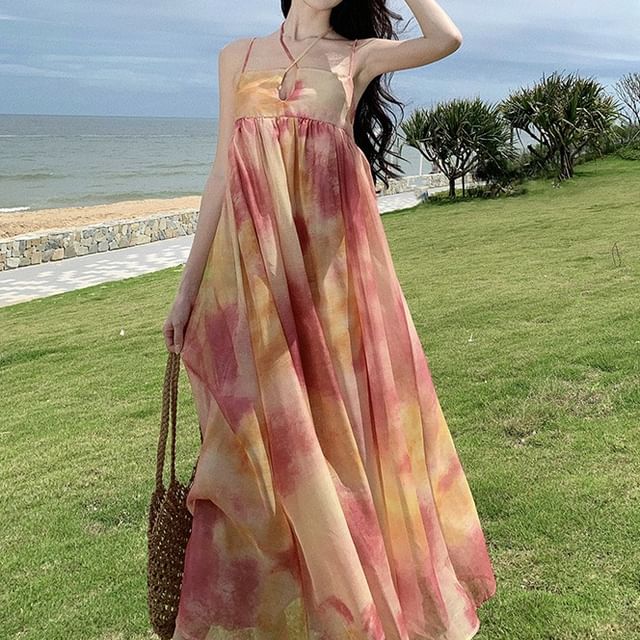 Fioridi-Spaghetti Strap Tie Dye Midi A-Line Dress