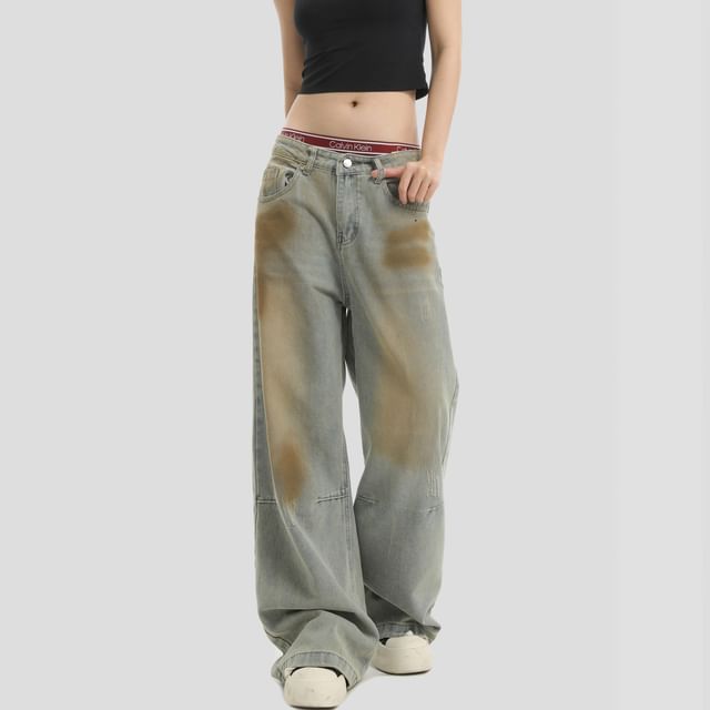 Banash-Low Waist Washed Baggy Jeans