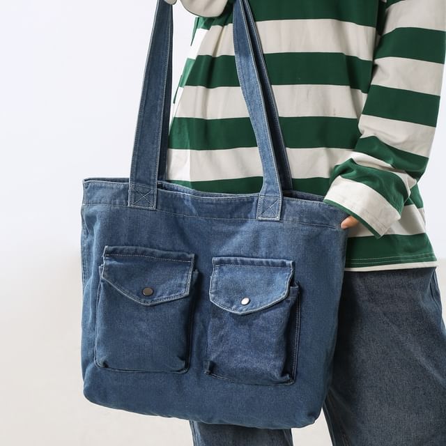 Melois-Multi-Pocket Washed Denim Tote Bag