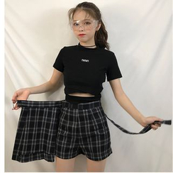 Whoosh - Embroidered Short-Sleeve Crop T-Shirt / Plaid Skort Whoosh - Embroidered Short-Sleeve Crop T-Shirt / Plaid Skort