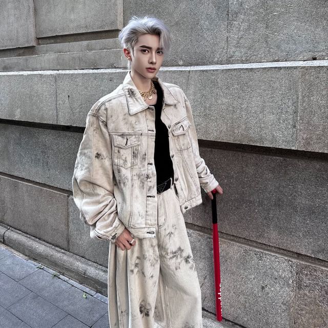 Orungeetun-Tie Dye Pocket Front Denim Single-Breasted Jacket