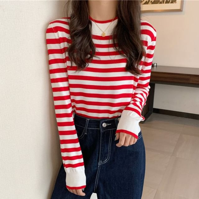 Sisyphi-Long-Sleeve Mock Neck Striped Knit Top
