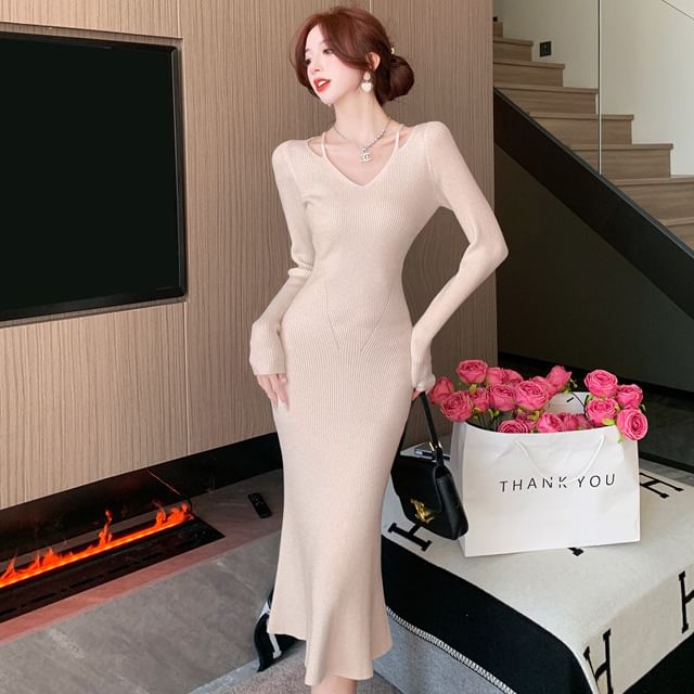 strapless open back dress Rihoas Square Neck Ribbed Midi Dress For Women, Red / S main image 1