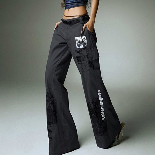 Honet - Low Waist Butterfly & Lettering Print Straight-Fit Cargo