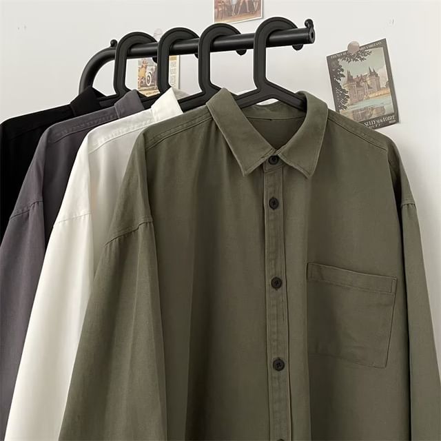 Lorencho-Long-Sleeve Plain Button-Up Shirt