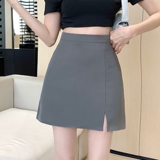 OGAWA-High Waist Plain Slit Mini A-Line Skirt
