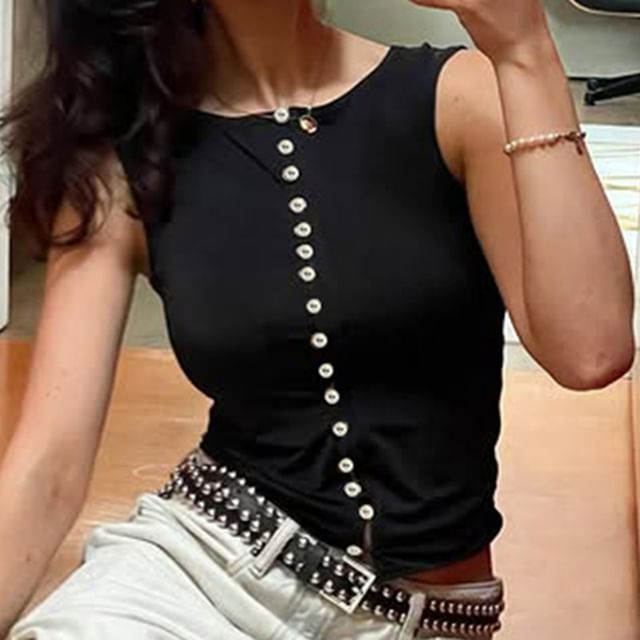 Honet-Plain Button-Up Slim-Fit Tank Top
