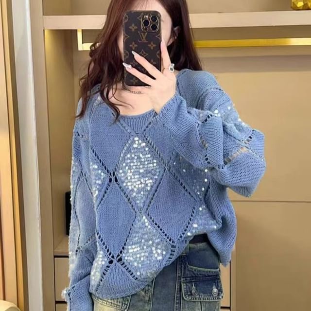 Happo-Scoop Neck Plain Sequin Pointelle Sweater