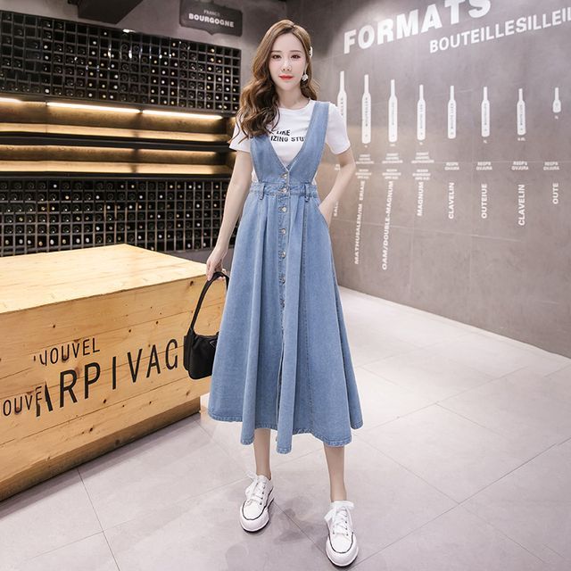 fitted dungaree dress Short Denim Dungaree Pinafore-Style Dress main image 0