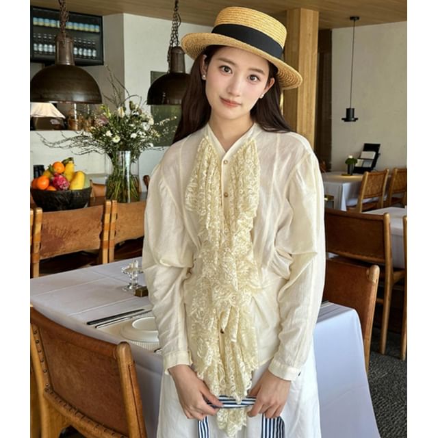 Alfie-Long-Sleeve Stand Collar Plain Lace Panel Ruffle Button-Up Blouse
