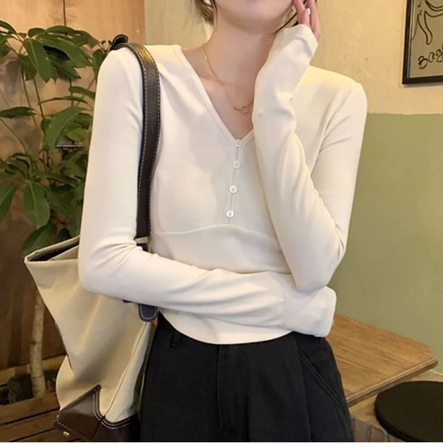 PERKARP-Long-Sleeve V-Neck Plain Slim Fit Tee
