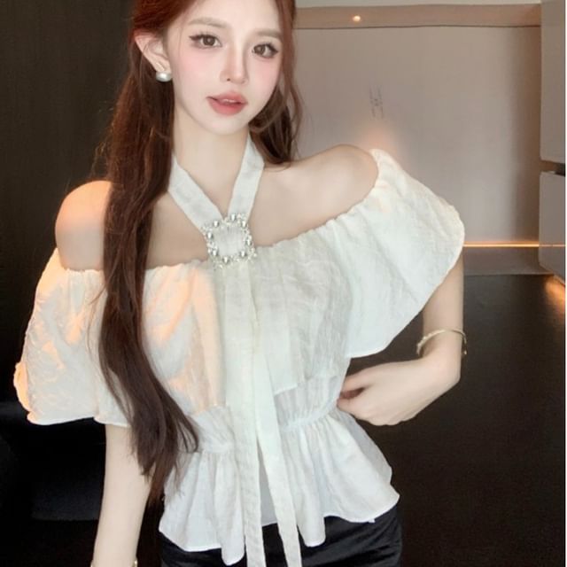 Whoosh-Short-Sleeve Halter Neck Plain Flowy Blouse