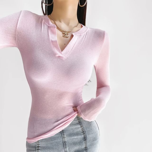 Asiris-Long Sleeve V-Neck Plain Crop Tee