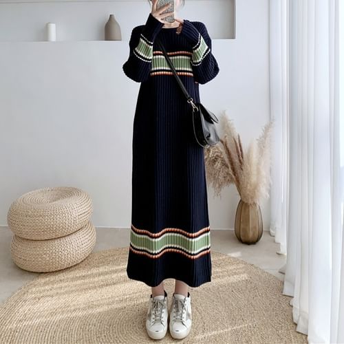 Long-Sleeve Crew Neck Striped Ribbed Midi Sweater Dress