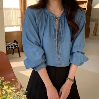 MORNINDEW-Long-Sleeve Tie-Neck Denim Blouse