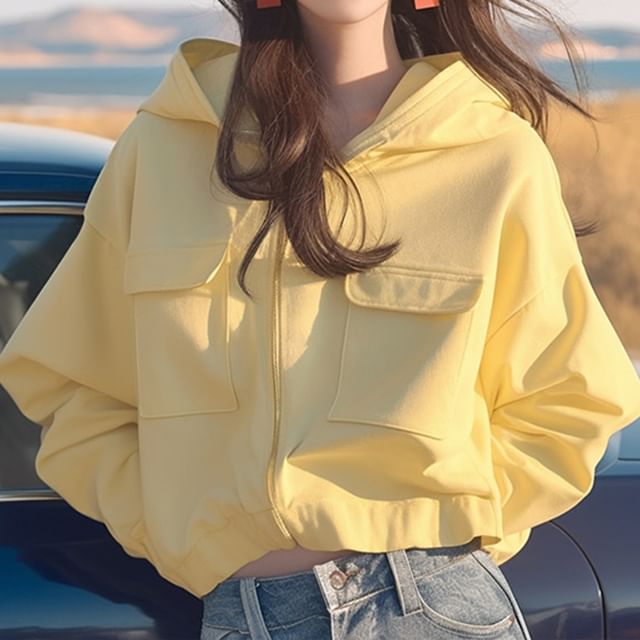 Amyway-Pocketed Hooded Plain Zip-Up Jacket