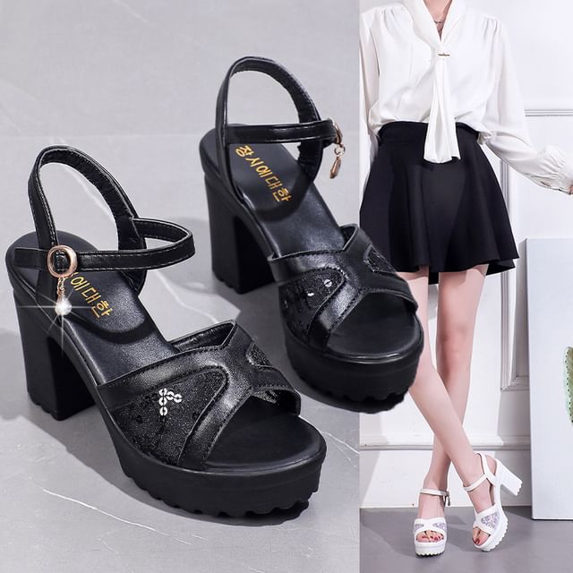 FRAISO-Platform Chunky Heel Sequined Sandals