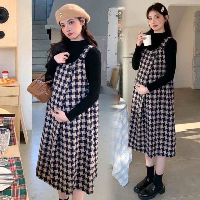 Rosy Street-Maternity Long-Sleeve Mock Neck Plain Knit Top Houndstooth Midi Pinafore Dress Set