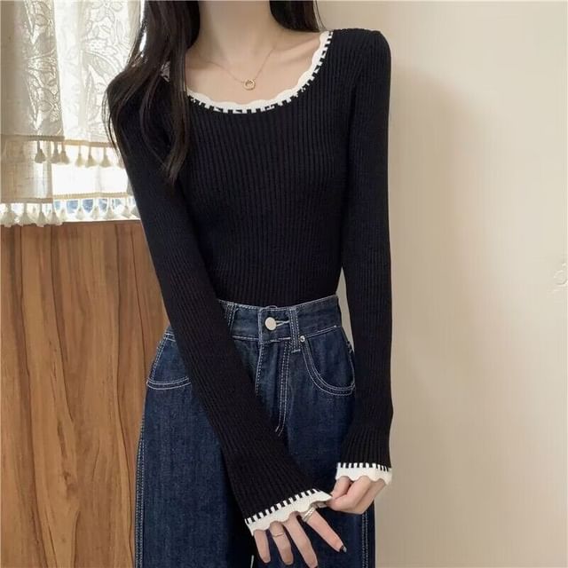 Sisyphi-Scoop Neck Plain Contrast Trim Ribbed Sweater