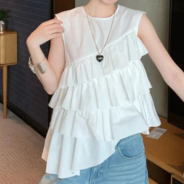 Jeonseon-Sleeveless Round Neck Plain Ruffle Tiered Top