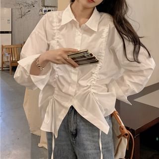 Racoon-Long-Sleeve Cinched Plain Shirt