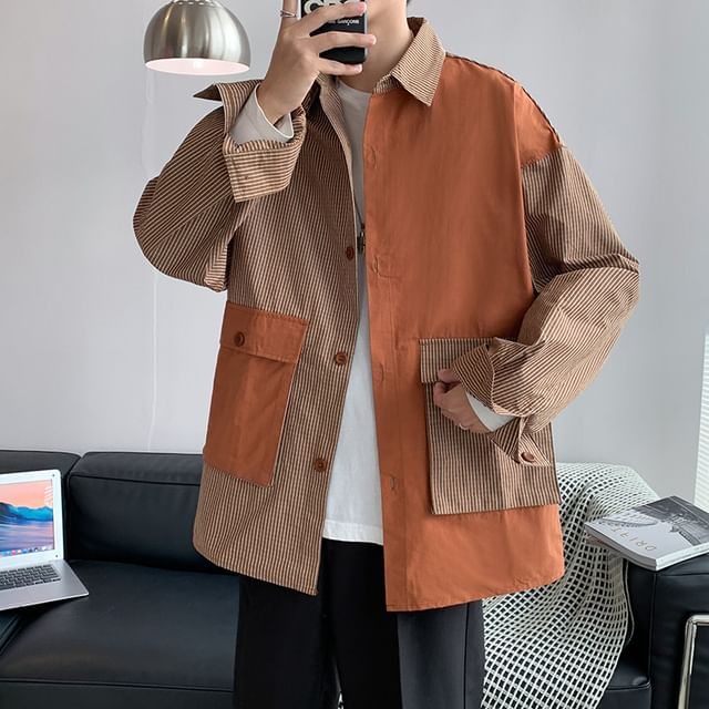 Antaeus-Collared Striped Panel Shirt Jacket
