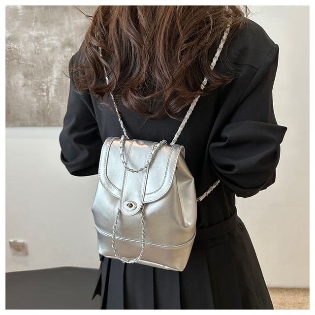 Maorong-Chain Strap Plain Faux Leather Flap Backpack