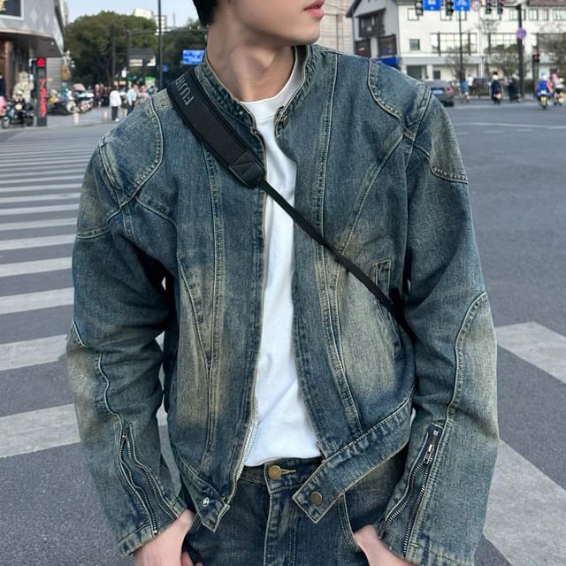 DragonRoad-Stand Collar Washed Zip-Up Denim Crop Jacket