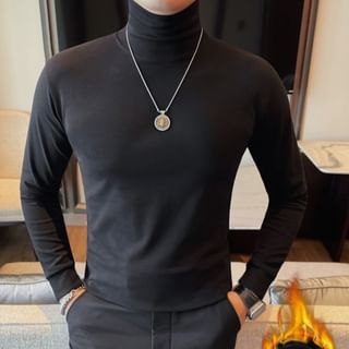Lefitt-Long-Sleeve Turtleneck Plain T-Shirt