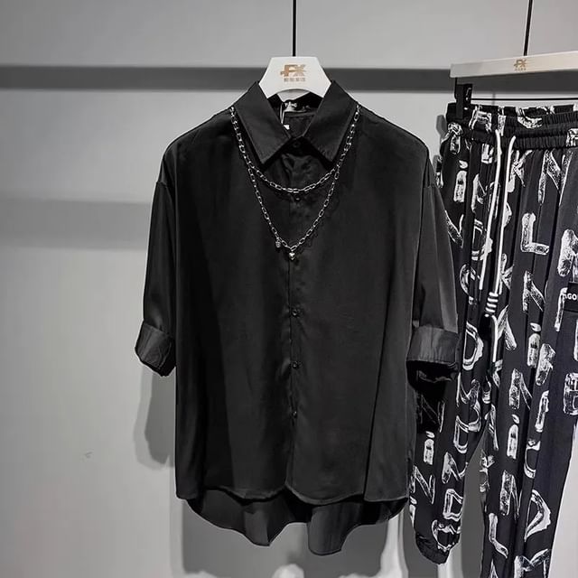 fluffush-Elbow-Sleeve Collared Plain Shirt