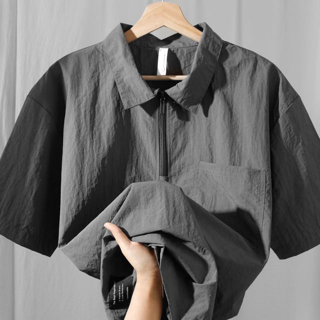 fluffush-Short-Sleeve Collared Plain Half Zip Top