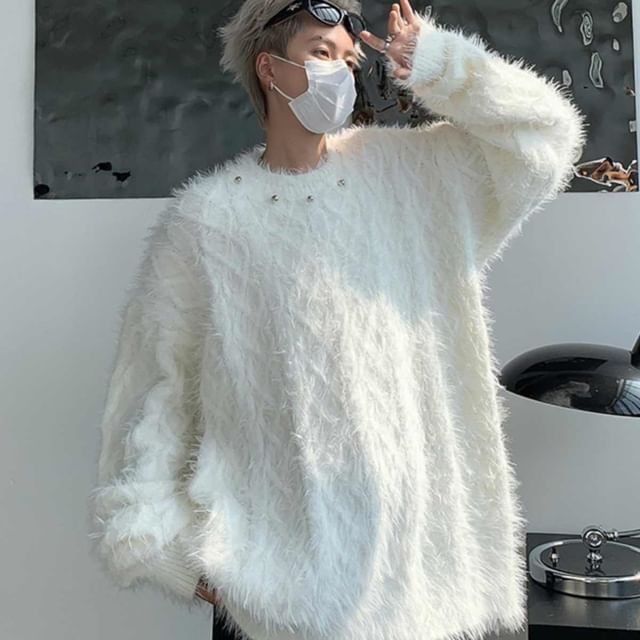 Zentrus-Crew Neck Beaded Fluffy Cable Knit Sweater