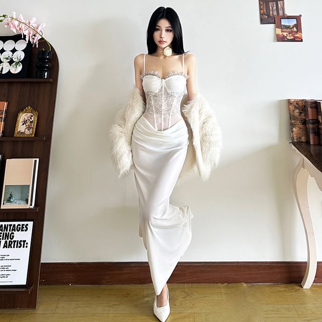 Bababy-Spaghetti Strap Plain Lace Panel Ruched Maxi Sheath Dress