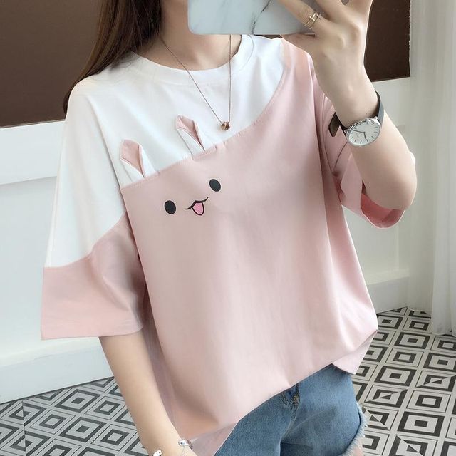 Elbow-Sleeve Rabbit Print T-Shirt 