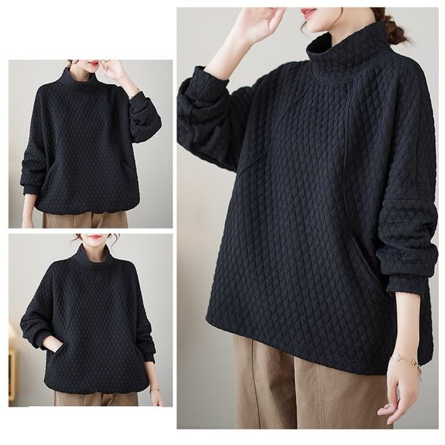 MIKIGA-Mock Neck Plain Embossed Drawstring Sweatshirt