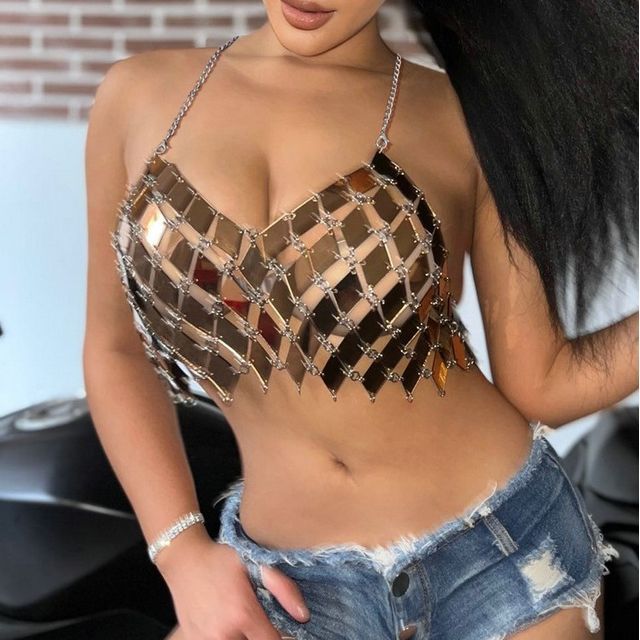 Grizelda-Halter Neck Argyle Chainmail Cropped Cami Top