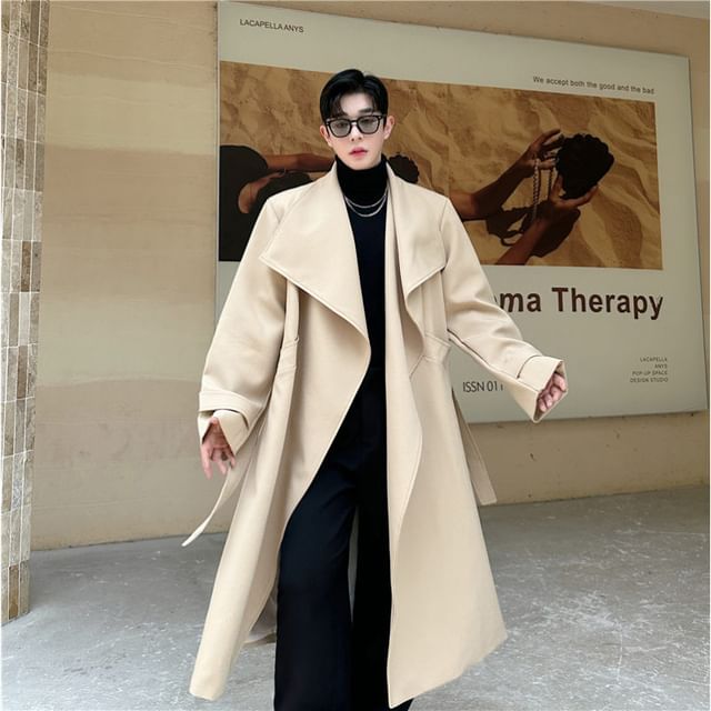 ravewider-Collar Plain Sashed Midi Coat