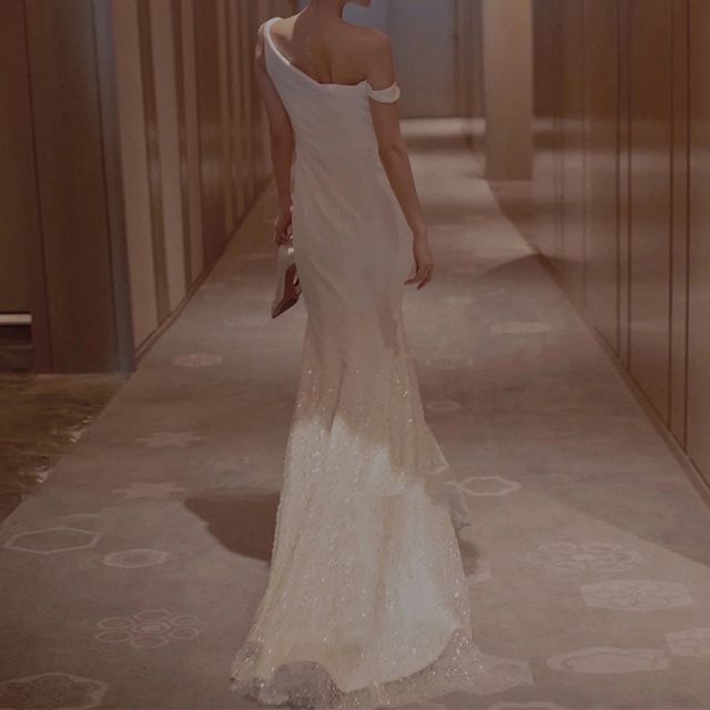 wedding dresses with high neck and long sleeves High Neck A-Line Satin Modest Wedding Dress With Long Sleeve Sequins-7 –  DorrisDress