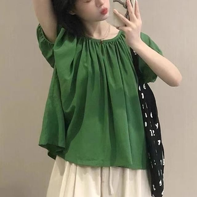 Bigfol-Short-Sleeve Round Neck Plain Gathered Blouse