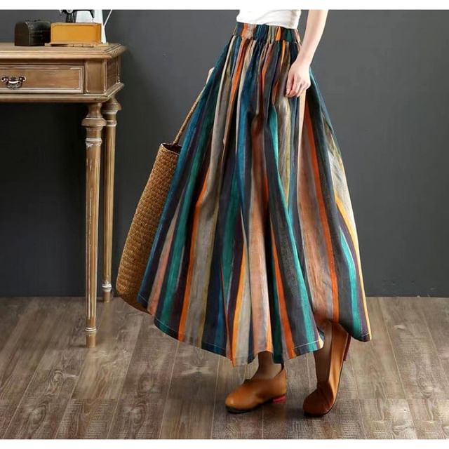 Supernova-Elastic Waist Striped Maxi A-Line Skirt