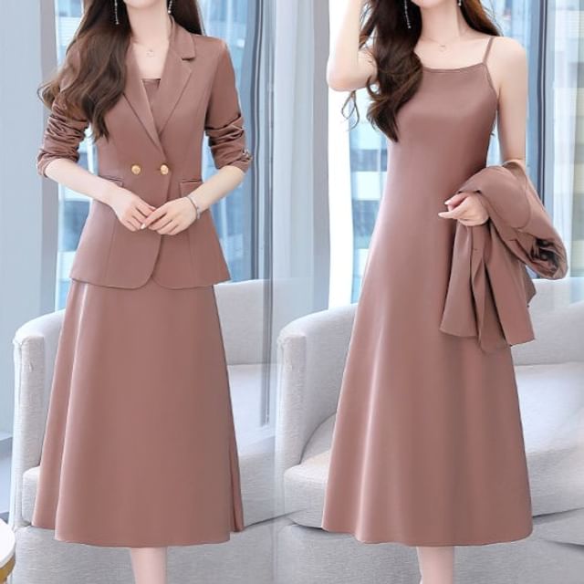 Inchioh-Set Plain Double-Breasted Blazer Spaghetti Strap Plain Midi A-Line Dress
