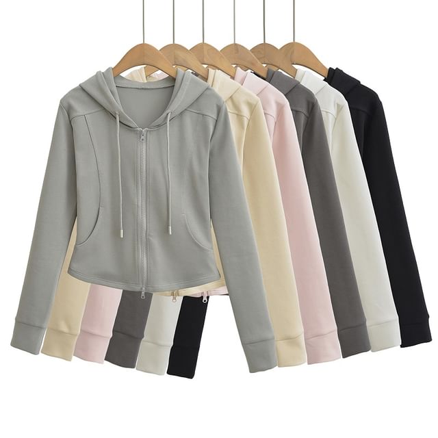 Hollahop-Plain Zip-Up Crop Hoodie