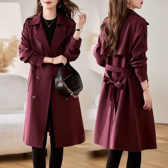 INEN - Plain Tie Waist Midi Double-Breasted Trench Coat | YesStyle