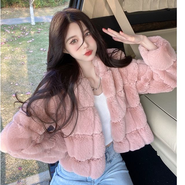 NENE-Plain Faux Fur Cropped Jacket